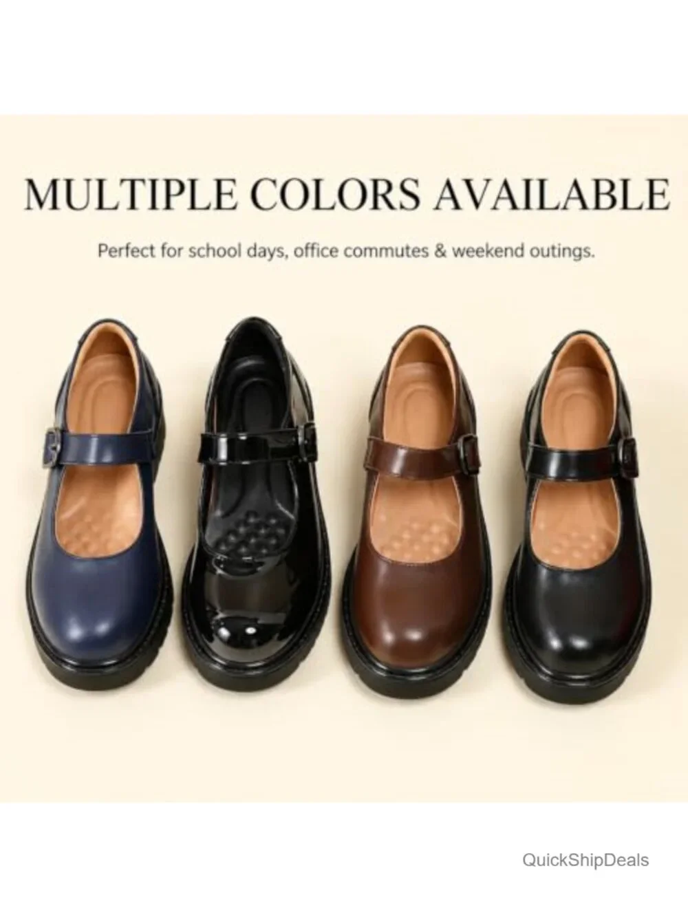 Mary Jane Platform Shoes, Chunky Heel, Leather, Round Toe, Buckle, Memory Foam